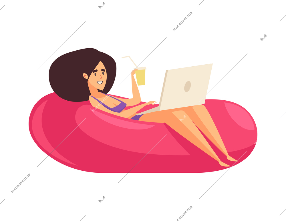 Happy female freelancer working on laptop while lying on air mattress in pool or sea cartoon vector illustration