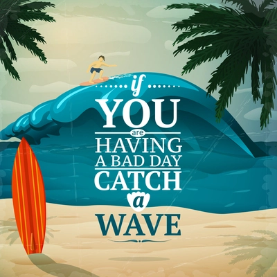 Catch a wave - vacation travel surfboard poster or postcard vector illustration