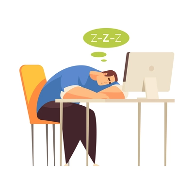 Tired man freelancer or programmer sleeping on his desk in front of computer cartoon vector illustration