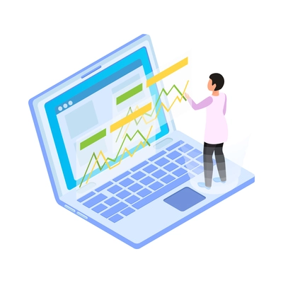 Isometric icon with character carrying out science research on computer 3d vector illustration