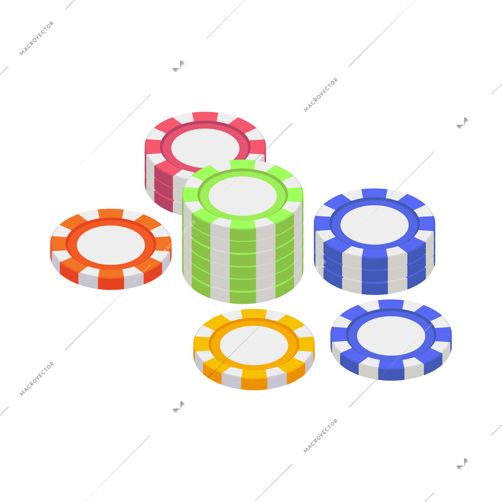 Isometric stacks of colorful casino chips 3d vector illustration