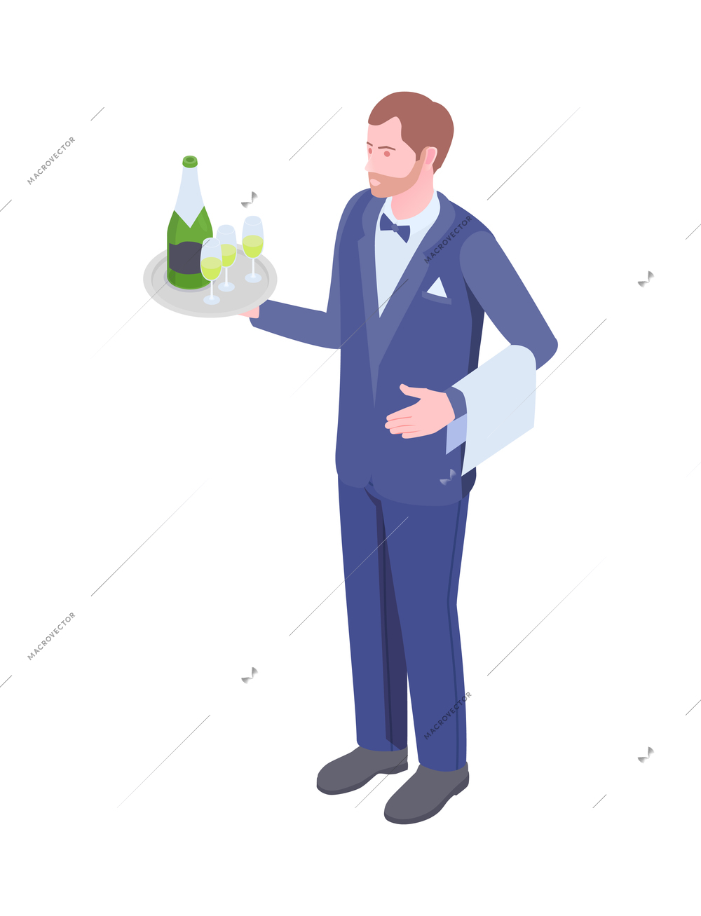 Waiter with champagne bottle and glasses on tray 3d isometric vector illustration