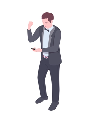 Isometric man excited about something looking at screen of his smartphone 3d vector illustration