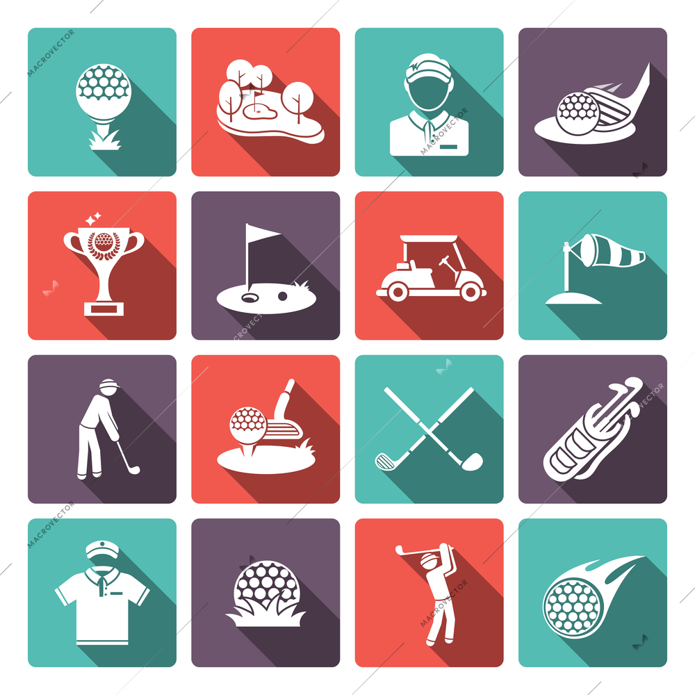 Golf club flat white icons set set with sport game inventory tournament isolated vector illustration