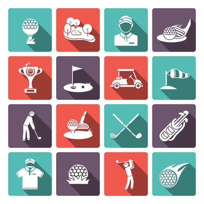 Golf club flat white icons set set with sport game inventory tournament isolated vector illustration