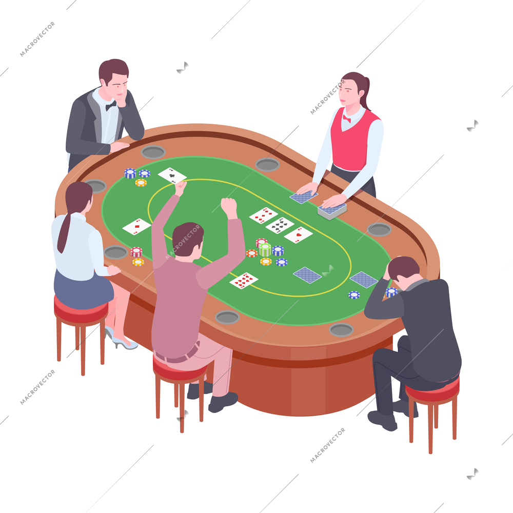 People playing poker in casino 3d isometric vector illustration