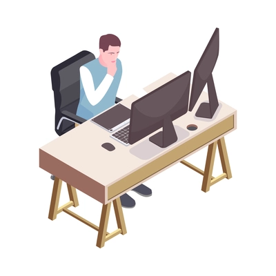 Man working on computer with two monitors in office 3d isometric vector illustration