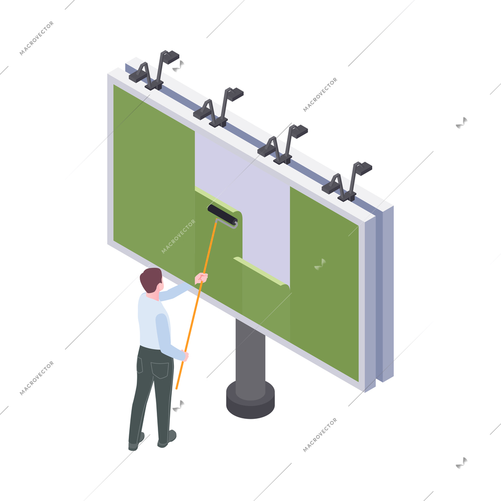 Man sticking green advertising poster on billboard 3d isometric vector illustration