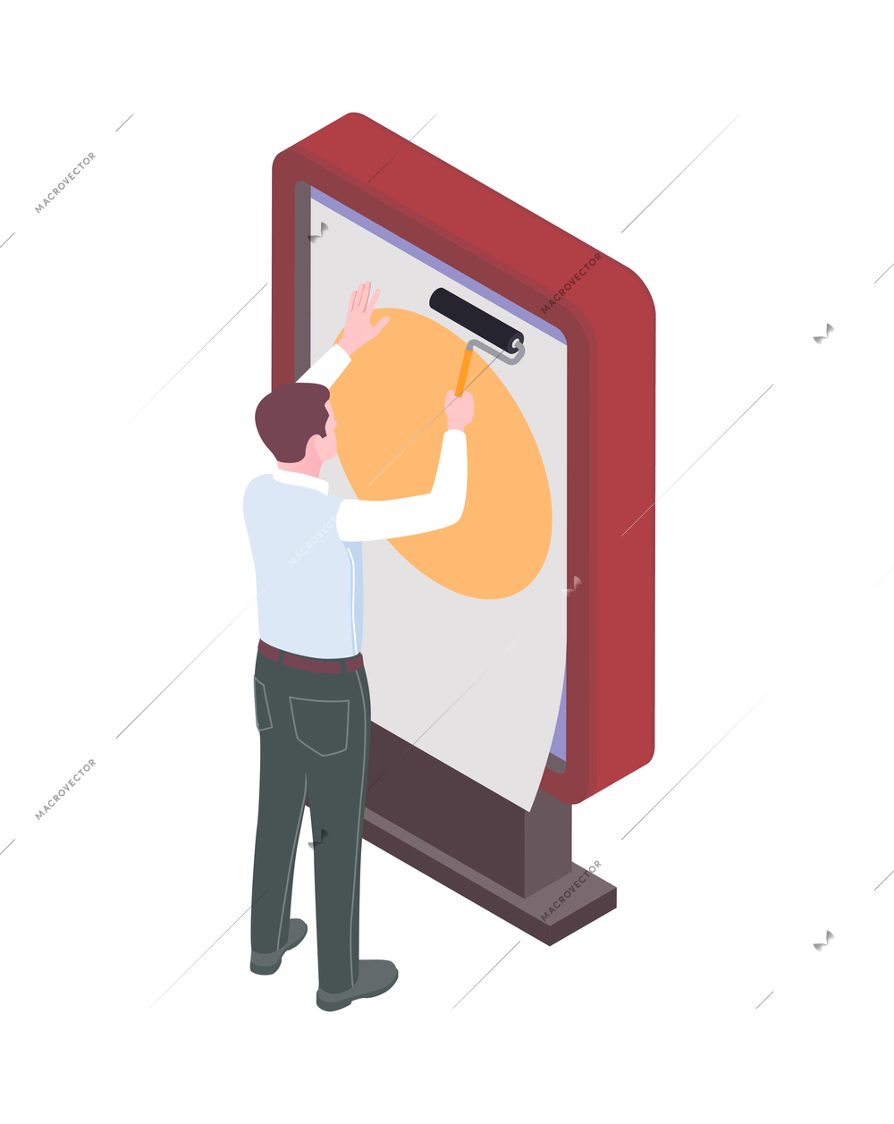 Isometric man with roller sticking round advertising poster on info kiosk 3d vector illustration