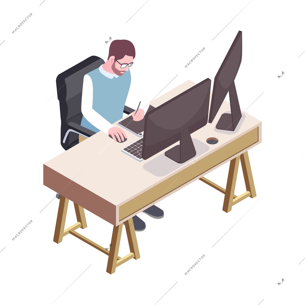 Isometric office worker working on computer with two monitors and tablet 3d vector illustration