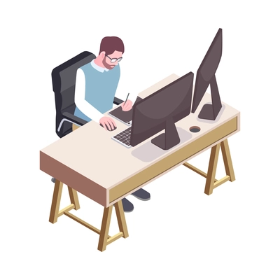 Isometric office worker working on computer with two monitors and tablet 3d vector illustration