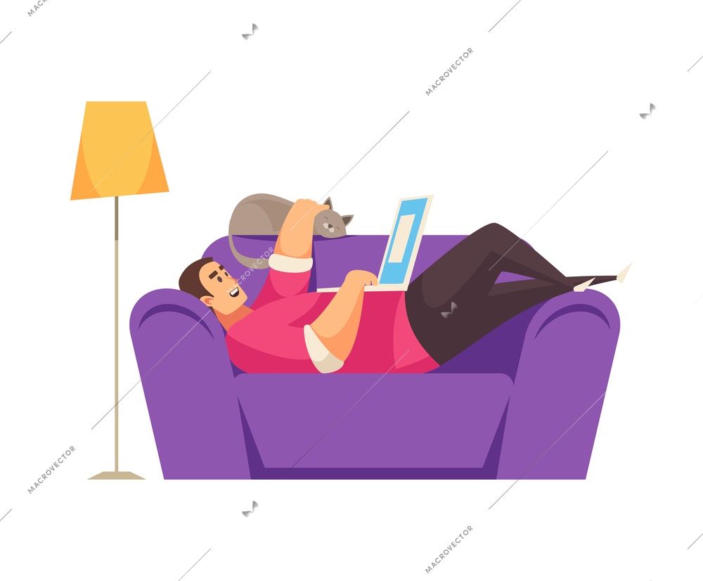Freelancer working at home lying on sofa cartoon vector illustration