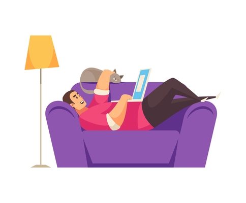 Freelancer working at home lying on sofa cartoon vector illustration