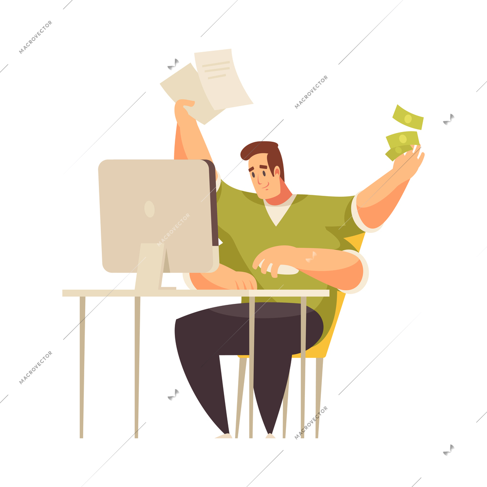 Cartoon freelancer working from home on computer vector illustration