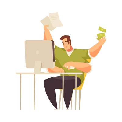 Cartoon freelancer working from home on computer vector illustration