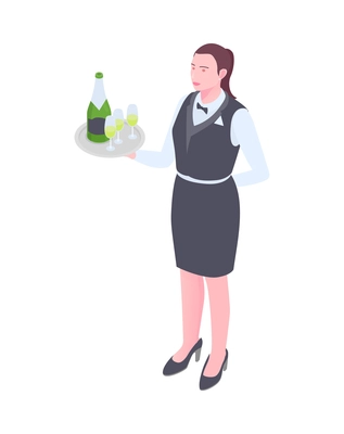 Isometric waitress holding tray with bottle of champagne and glasses 3d vector illustration