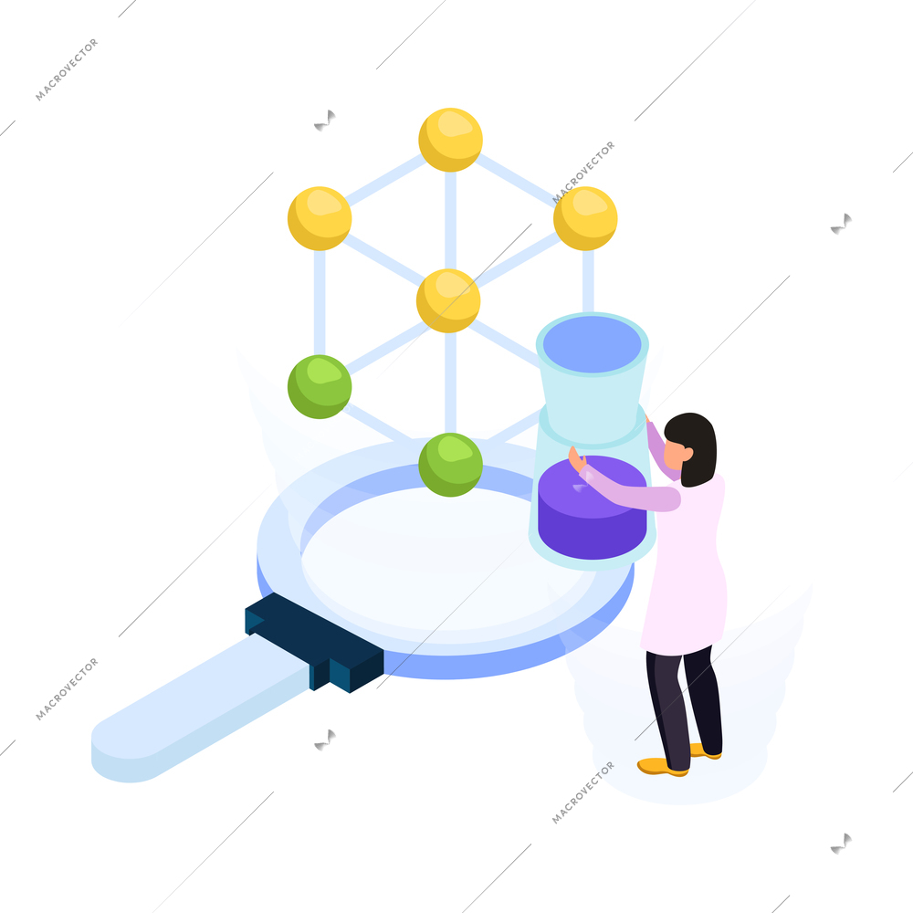 Science research isometric icon with human character of scientist molecule magnifier 3d vector illustration