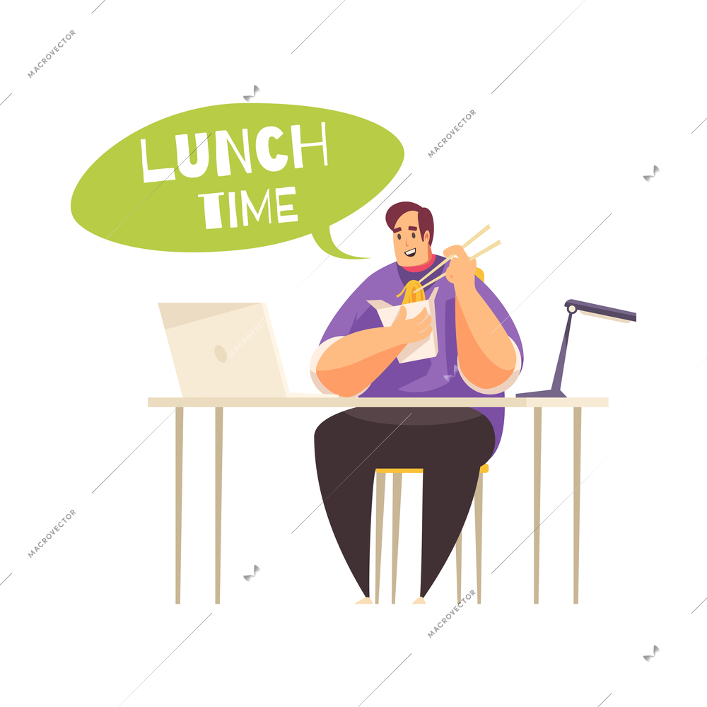 Cartoon happy man freelancer having noodles for lunch while sitting in front of laptop vector illustration