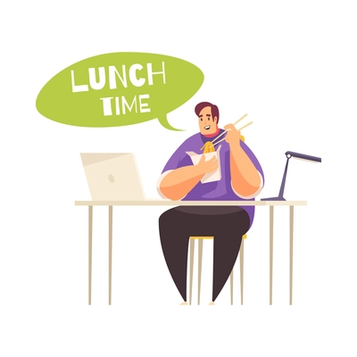 Cartoon happy man freelancer having noodles for lunch while sitting in front of laptop vector illustration