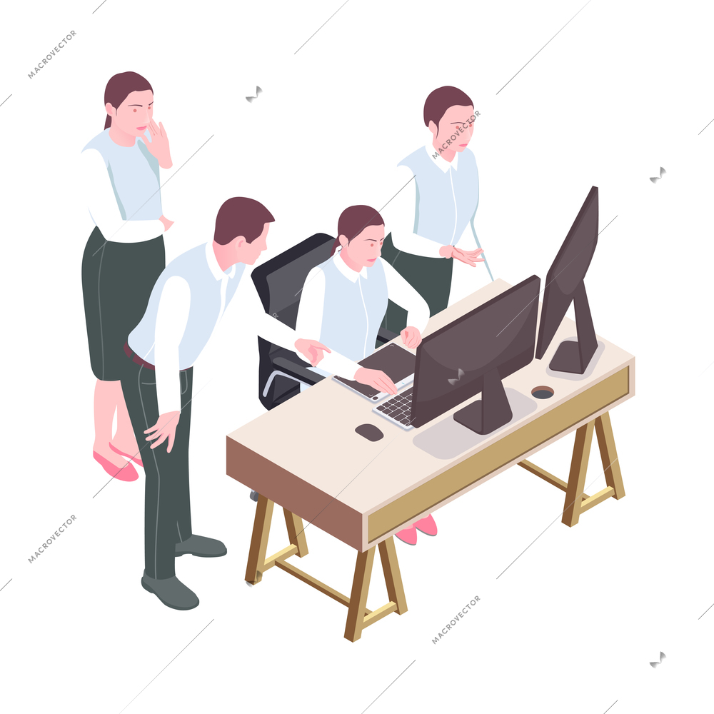 Teamwork isometric concept with office staff at their workplace in front of computer 3d vector illustration