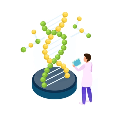 Science research icon with scientist looking at model of dna structure 3d isometric vector illustration