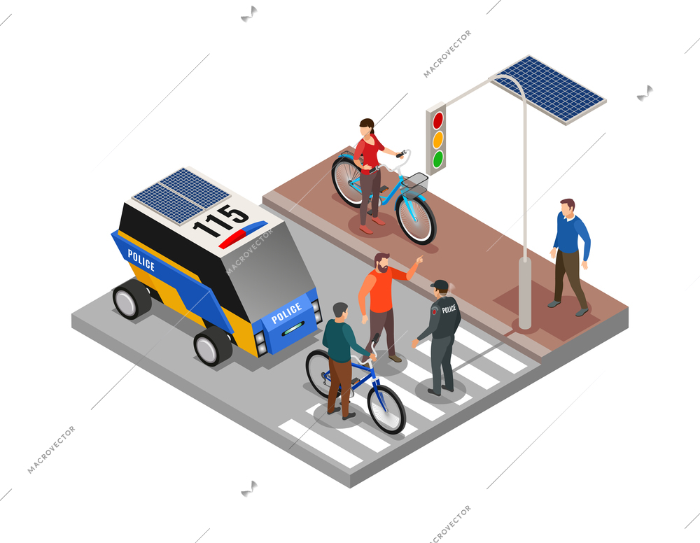 Smart urban ecology isometric composition with electric police car and people on road 3d vector illustration