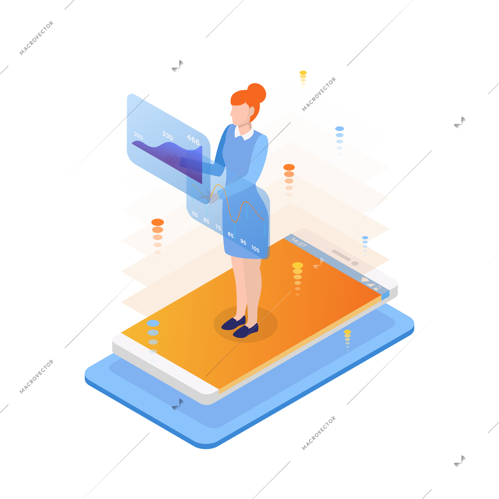 Data visualization isometric icon with woman interacting with charts on hologram screen 3d vector illustration