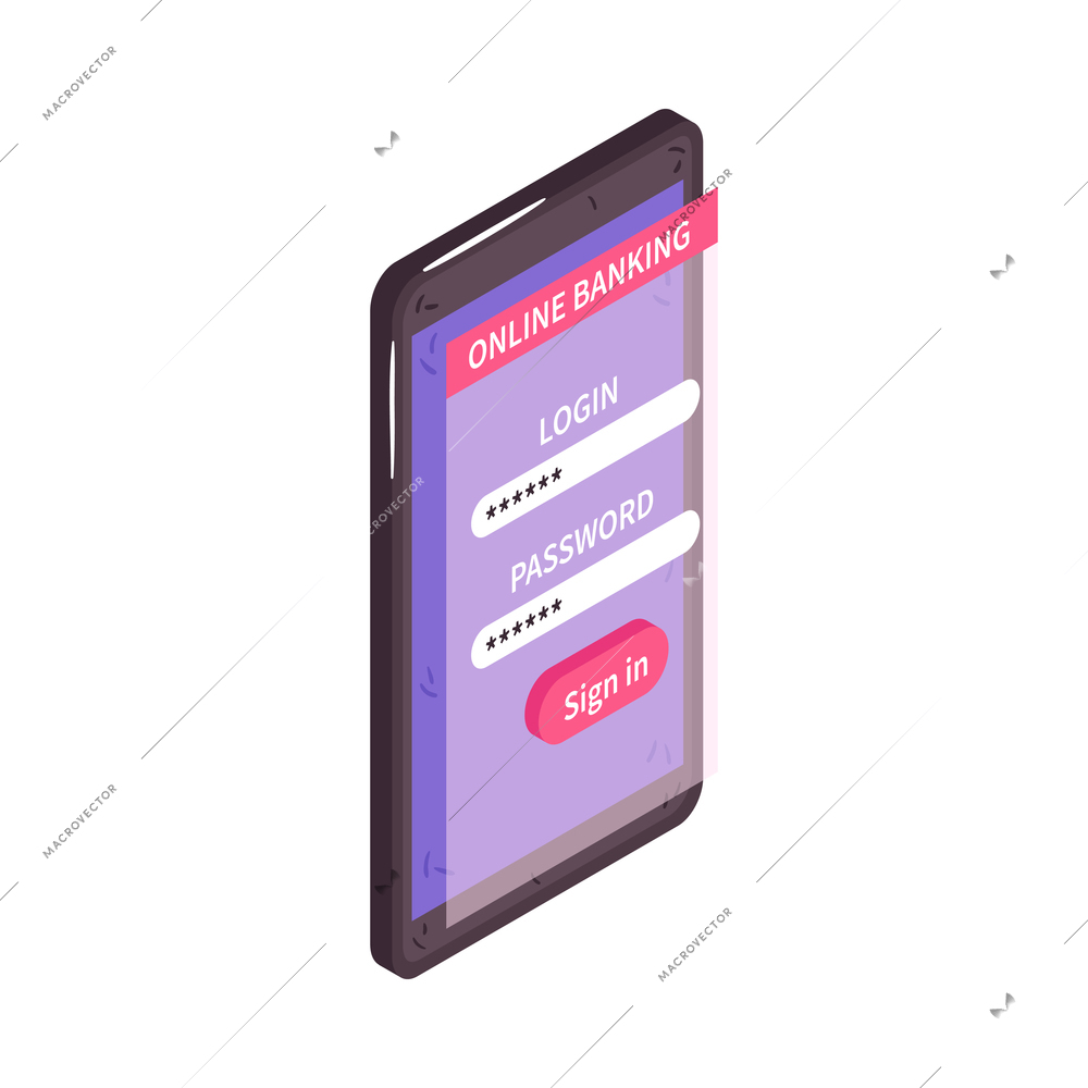 Isometric online mobile banking application in smartphone 3d icon vector illustration