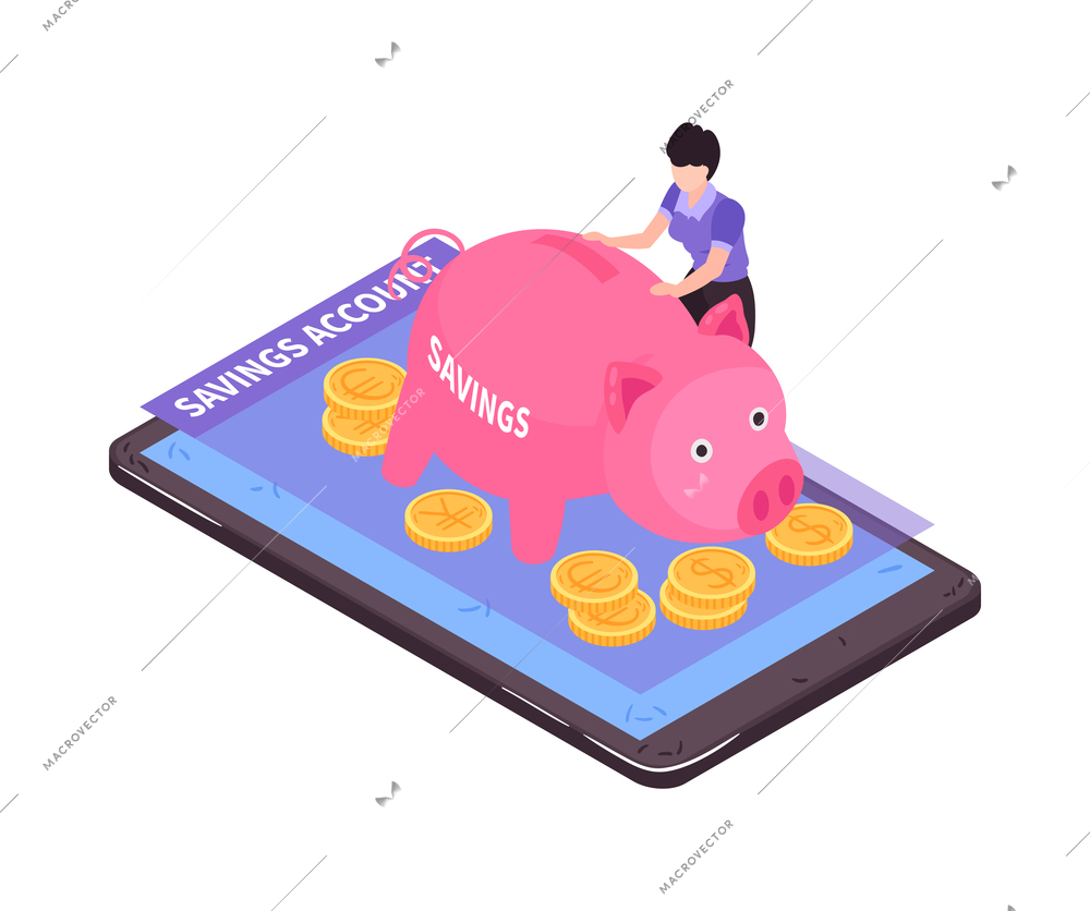 Isometric mobile banking savings account concept icon with piggy bank on smartphone 3d vector illustration