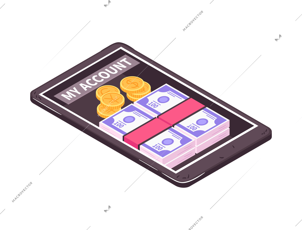 Isometric mobile banking app account with cash on smartphone screen 3d vector illustration