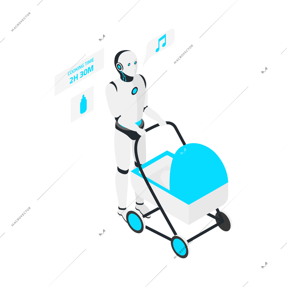 Isometric home robot carrying baby carriage 3d vector illustration