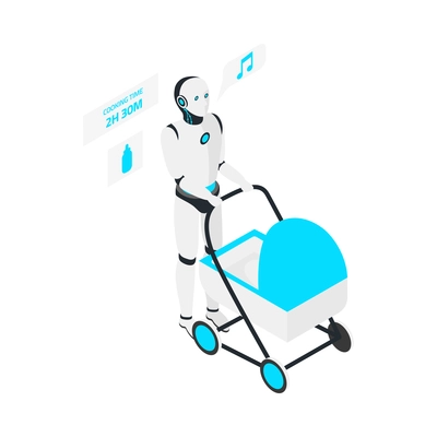 Isometric home robot carrying baby carriage 3d vector illustration