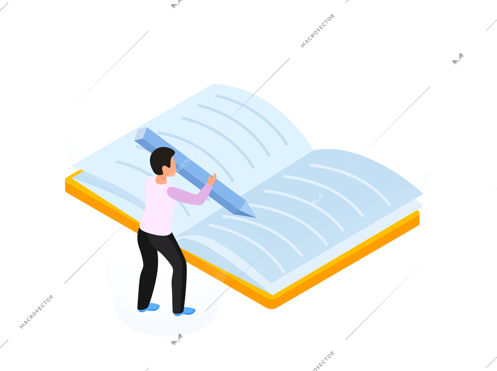 Education school learning isometric icon with tiny character with pen and book 3d vector illustration