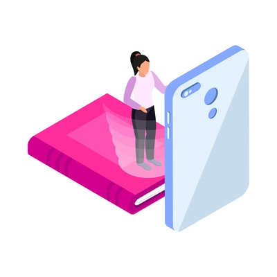 Online education icon with book and woman using smartphone while studying 3d isometric vector illustration