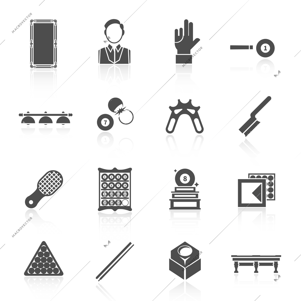 Billiards black icons set with trophy player glove ball isolated vector illustration