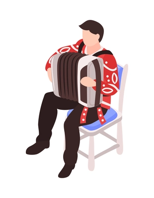 Isometric male musician in national costume playing accordion 3d vector illustration