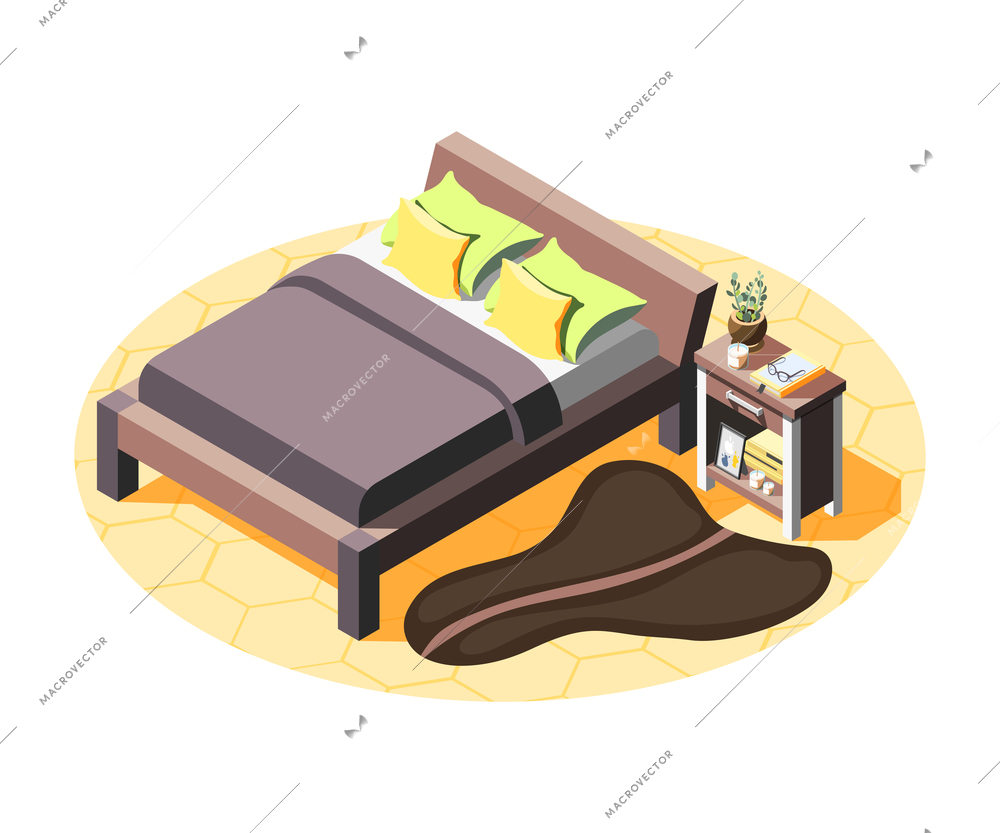 Modern bedroom loft interior with bed bedside table rug decor elements 3d isometric vector illustration