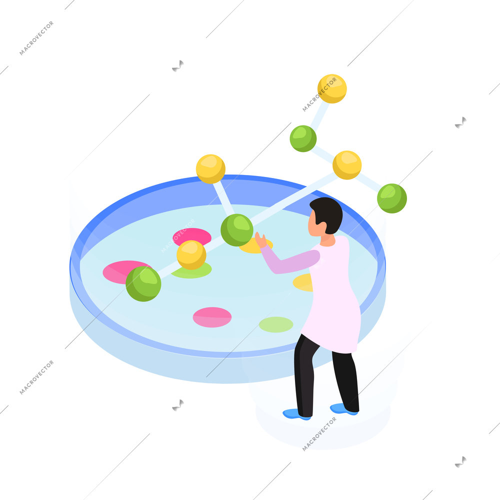 Science research isometric icon with petri dish molecule structure scientist 3d vector illustration