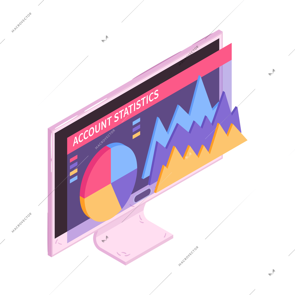 Mobile banking isometric icon with account statistics data on computer screen 3d vector illustration