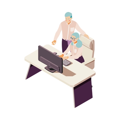 Teamwork icon with two isometric office people working together on computer 3d vector illustration