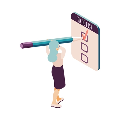 Time management concept with businesswoman ticking tasks in to do list 3d isometric vector illustration