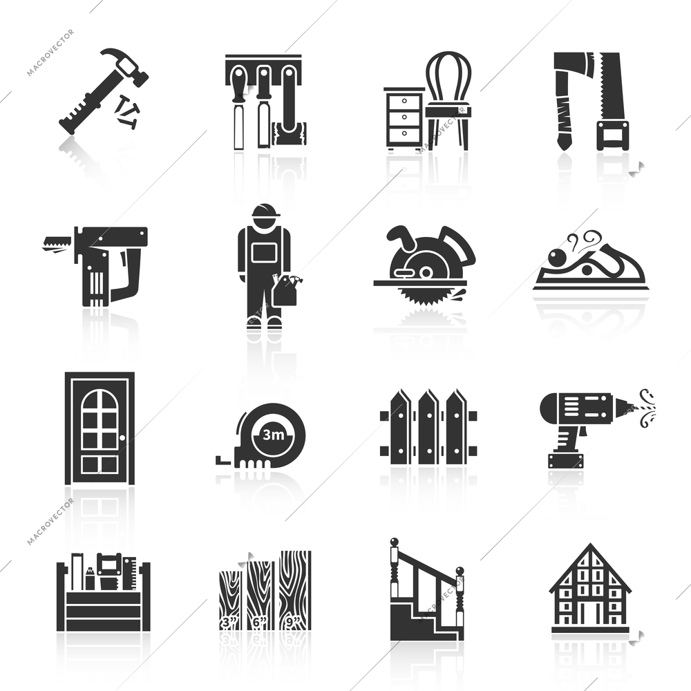 Carpentry industry equipment icons black set with hammer tools furniture saw isolated vector illustration