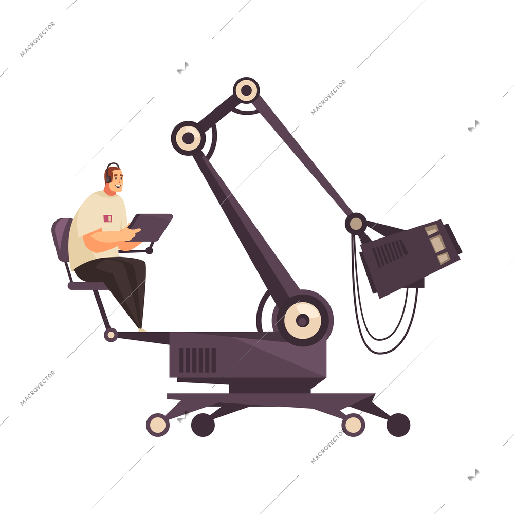 Cartoon happy film cameraman on shooting location vector illustration