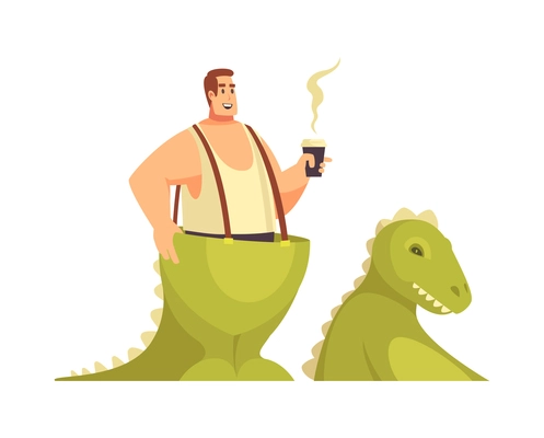 Film actor drinking coffee in dinosaur costume during break of shooting cartoon vector illustration