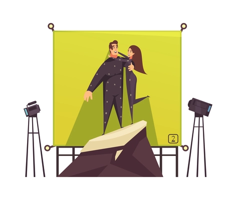 Film shooting scene with two actors against chromakey cartoon vector illustration