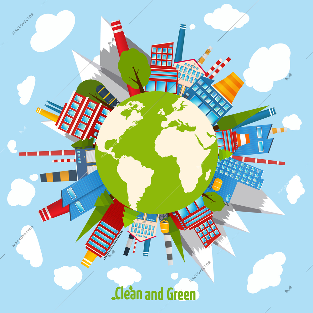 Clean and green energy concept with industrial buildings around the globe vector illustration