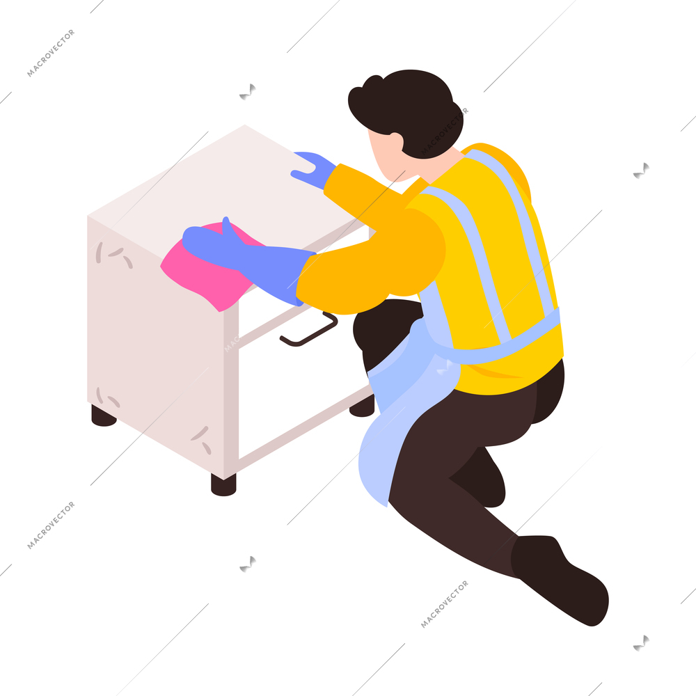 Isometric cleaning service working does dusting with cloth 3d vector illustration