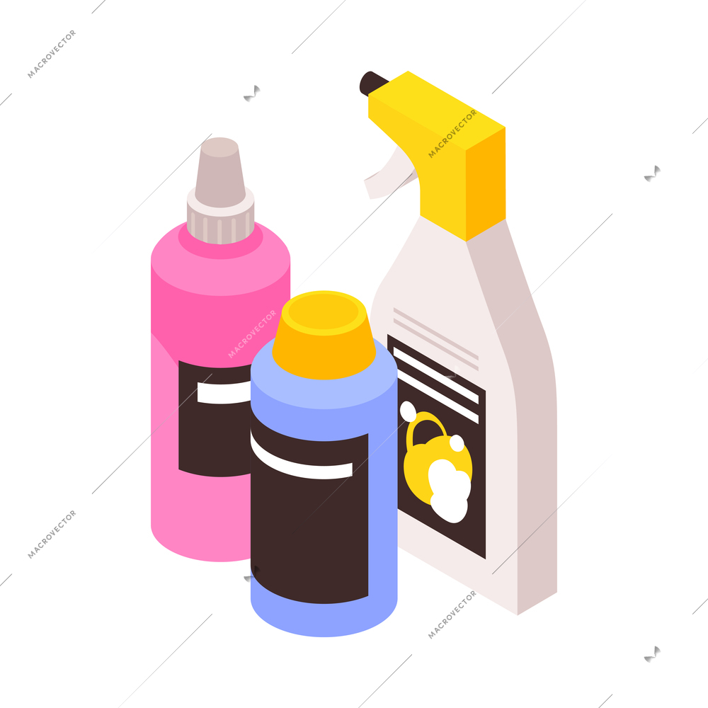 Isometric cleaning tools with bottles of detergent 3d vector illustration