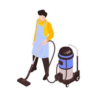 Isometric cleaning service worker in uniform hoovering floor 3d vector illustration