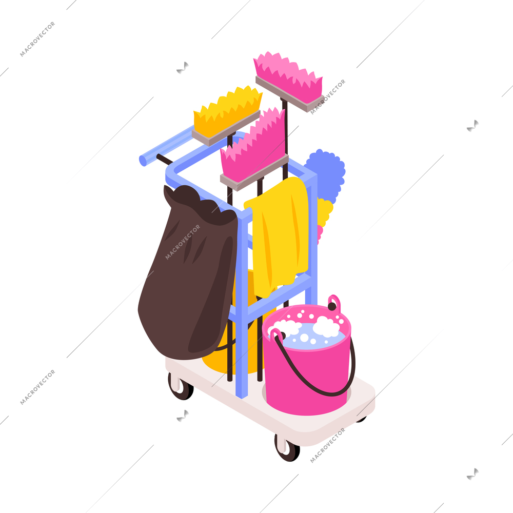 Isometric cleaner trolley with bucket towel brushes 3d vector illustration